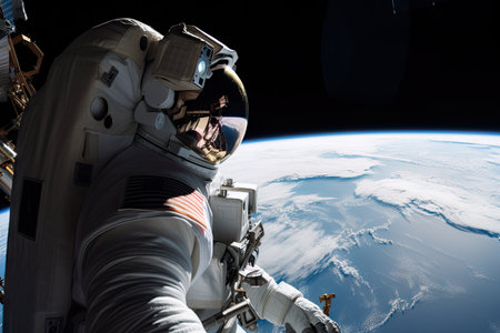 astronaut on spacewalk with view of the earth visible in the background, created with generative aiの素材
