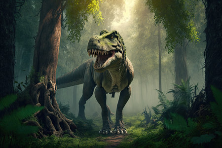 tyrannosaurus rex in forest, the ultimate predator among the trees, created with generative aiの素材