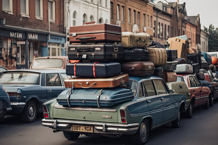 slow motion shot of suitcases falling off car roof onto busy street, created with generative aiの素材