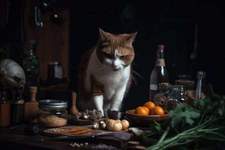 cat chef, preparing elaborate meal with fresh ingredients and spices, created with generative aiの素材