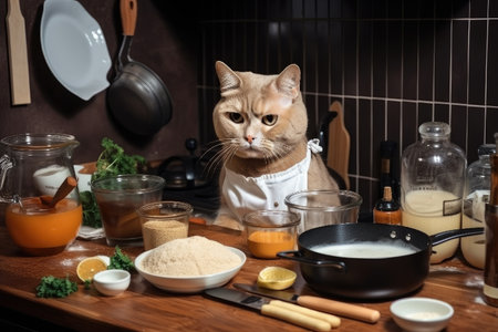 cat chef whipping up batch of tasty soup, with ingredients and cooking tools neatly arranged on the countertop, created with generative aiの素材