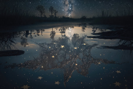 puddle, reflecting the night sky with stars shining above, created with generative aiの素材