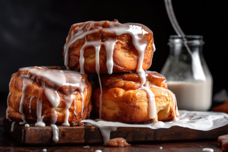 stack of cinnamon buns, with gooey filling and sweet icing dripping down, created with generative aiの素材