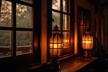 a warm and welcoming light shining through a window, with lanterns hung on the inside, created with generative aiの素材