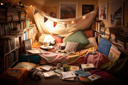 soft blanket and pillow fort with pillows, books, and snacks, created with generative aiの素材