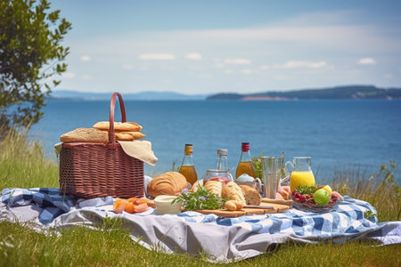 summer picnic scene, with a view of the ocean or lake in the background, created with generative aiの素材