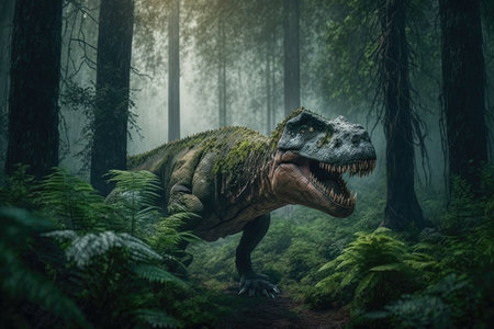 t-rex prowling the forest, hunting for prey, created with generative aiの素材