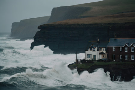 waves crash against the cliffs of a stormy coastline, while people and homes flood, created with generative aiの素材