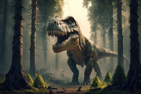 t-rex in prehistoric forest, towering over trees, created with generative aiの素材