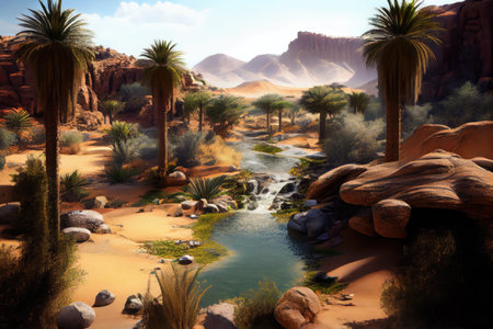 oasis with stream and waterfall, surrounded by desert landscape, created with generative aiの素材
