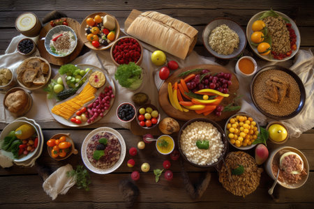 vegetarian and vegan feast, with variety of fruits, vegetables, grains and beans, created with generative aiの素材