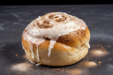 cinnamon bun, with a side of warm cream cheese frosting and sprinkle of powdered sugar, created with generative aiの素材