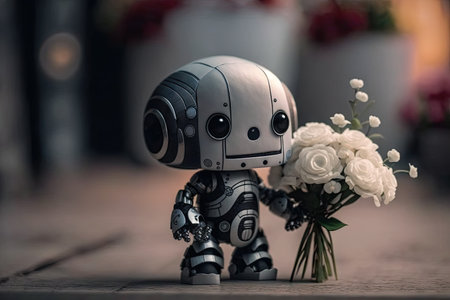 cute robot, dressed in classic black and white attire, brings smile and cheer to wedding with floral bouquet, created with generative aiの素材