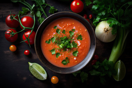 bowl of gazpacho with chopped vegetables and garnishes, created with generative aiの素材