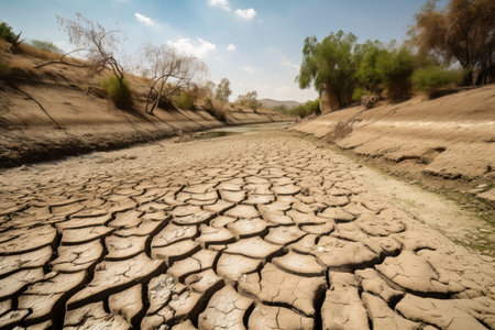 drought-stricken landscape with dried out riverbed and cracked earth, created with generative aiの素材