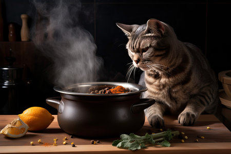 cat chef stirring bubbling pot, adding spices and flavors, created with generative aiの素材