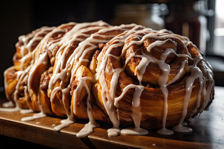giant cinnamon roll, shaped in the form of braid, with drizzle of icing, created with generative aiの素材