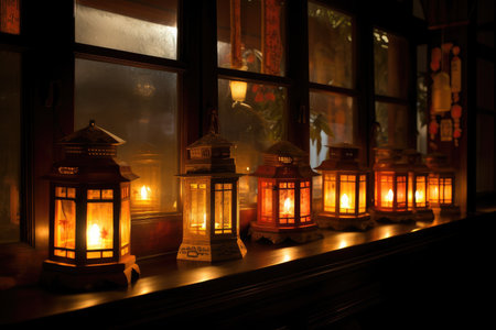 a row of lanterns filling the window and creating a warm, welcoming light, created with generative aiの素材