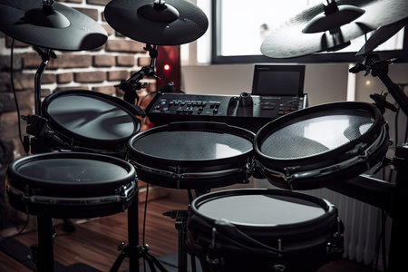 electronic drum setup with sticks and drums, ready to play, created with generative aiの素材