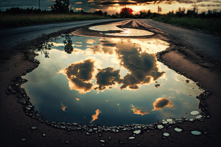 puddle with reflections of the sky and clouds after rainstorm, created with generative aiの素材