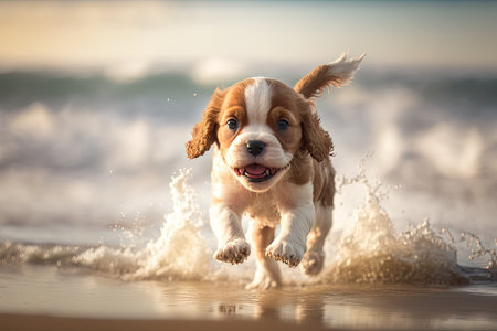 cute puppy is running on the beach, with waves in the background, created with generative aiの素材