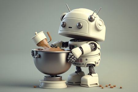 cute robot assistant helping with cooking, stirring ingredients in mixing bowl, created with generative aiの素材