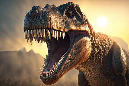 tyrannosaurus rex, with its jaws wide open and teeth shining in the sunlight, created with generative aiの素材