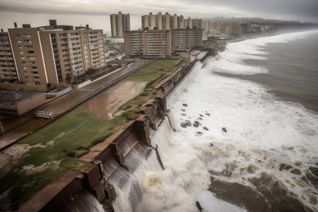 walls of water, rising from the ocean to devastate coastal cities, created with generative aiの素材