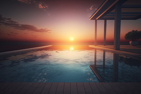 swimming pool with view of the sun setting over the horizon, created with generative aiの素材