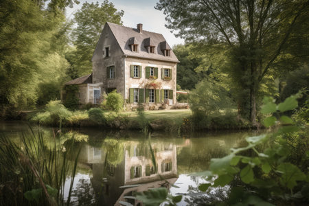 french country house exterior with view of tranquil lake and wildlife, created with generative aiの素材
