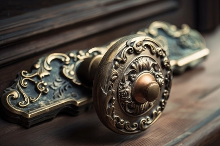vintage door handle, with classic design and brass finishing, on weathered wooden door, created with generative aiの素材