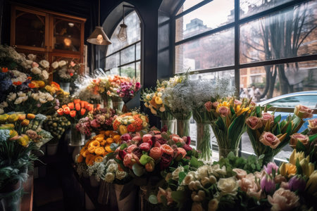 flower shop with variety of colorful and unique bouquets on display, created with generative aiの素材