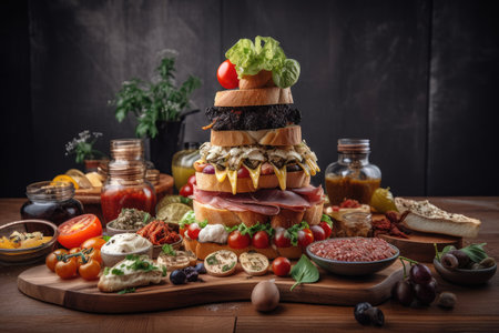 brushetta tower, with different types of bruschetta displayed in an organized way, created with generative aiの素材