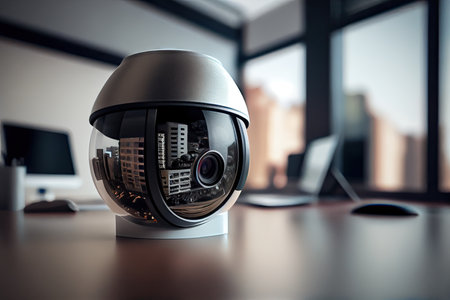 close-up of security camera lens, with view of office space in the background, created with generative aiの素材