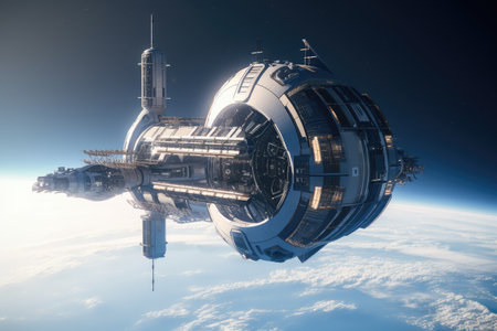 a sleek, futuristic space station orbiting the earth, with a view of the planet below, created with generative aiの素材