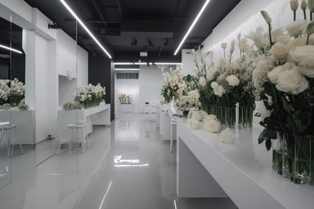 modern flower shop, with minimalist interior and sleek design, created with generative aiの素材