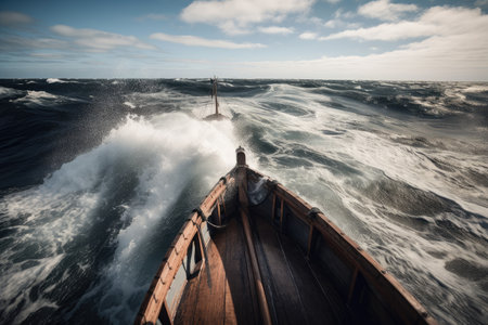 seach of viking ship in an open sea, waves splashing against the hull, created with generative aiの素材