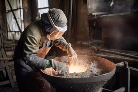foundry worker, mixing ingredients for casting metal parts, created with generative aiの素材