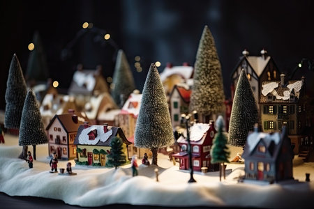 traditional christmas village with miniature houses and people under the tree, created with generative aiの素材