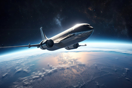 space tourism flight, with view of the earth and stars visible in the background, created with generative aiの素材
