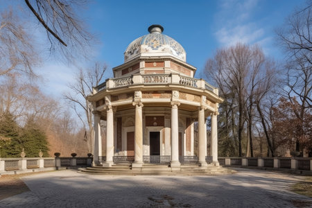 classical and historical building, surrounded by garden park, with gazebo and benches, created with generative aiの素材