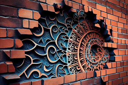 graffiti art of intricately designed pattern on brick wall, created with generative aiの素材