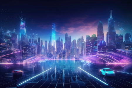 digtital holographic background with view of futuristic city, with flying cars and towering skyscrapers, created with generative aiの素材