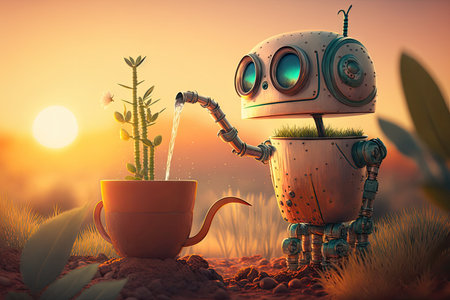 cute robot watering plants in garden with view of the sunset, created with generative aiの素材