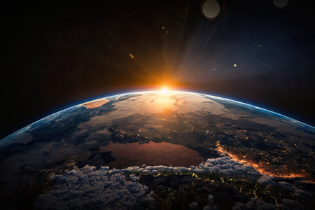 earth, seen from space during sunrise, with the suns rays illuminating different parts of the globe., created with generative aiの素材
