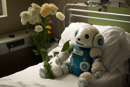 cute robot brings flowers to a hospital room, bringing cheer and joy to the patient, created with generative aiの素材