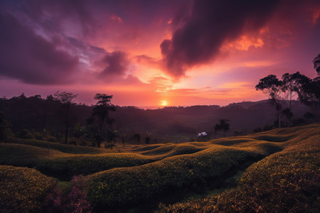 tea plantation sunset, with clouds rolling in and the sky turning shades of pink and purple, created with generative aiの素材