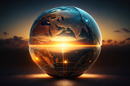 a sunrise over a globe, with rays of light illuminating the countries of the world, created with generative aiの素材