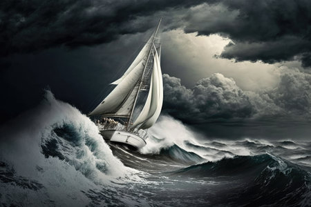 sailing in a storm and thunderous sea sailing yacht, created with generative aiの素材