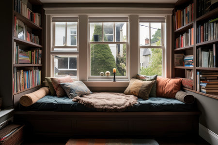 cozy reading nook with cushioned window seat, soft blankets, and stack of books, created with generative aiの素材